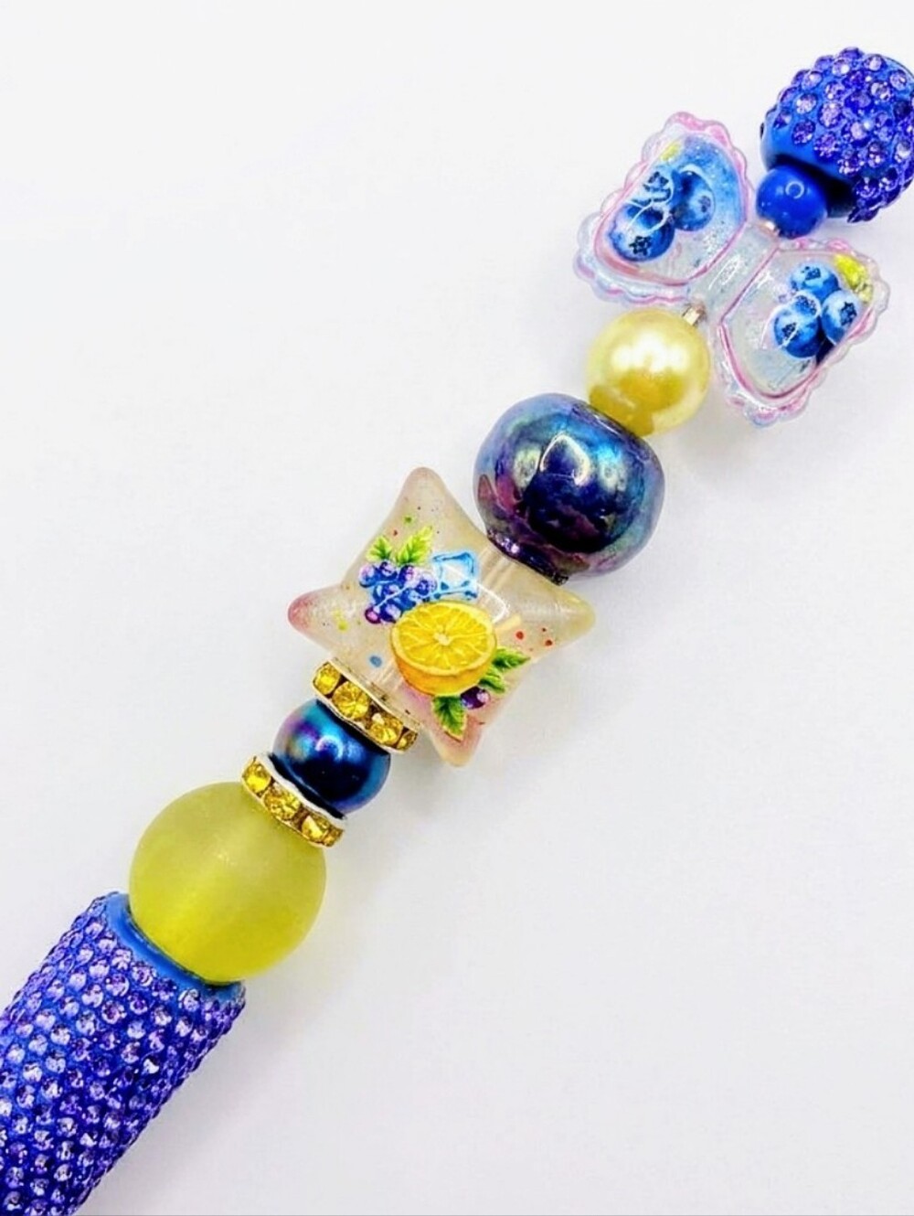 Handcrafted Blueberry Lemon Sparkly Rhinestone Beaded Gem Decorative Office Pen - Picture 3 of 4